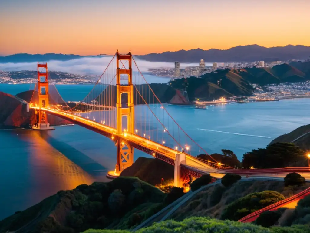 Puentes icónicos del mundo: El puente Golden Gate al atardecer, con su característico color rojo anaranjado iluminado por el cálido sol