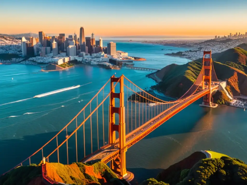 Puentes icónicos del mundo: El puente Golden Gate se destaca majestuosamente al atardecer, bañado por una cálida luz naranja