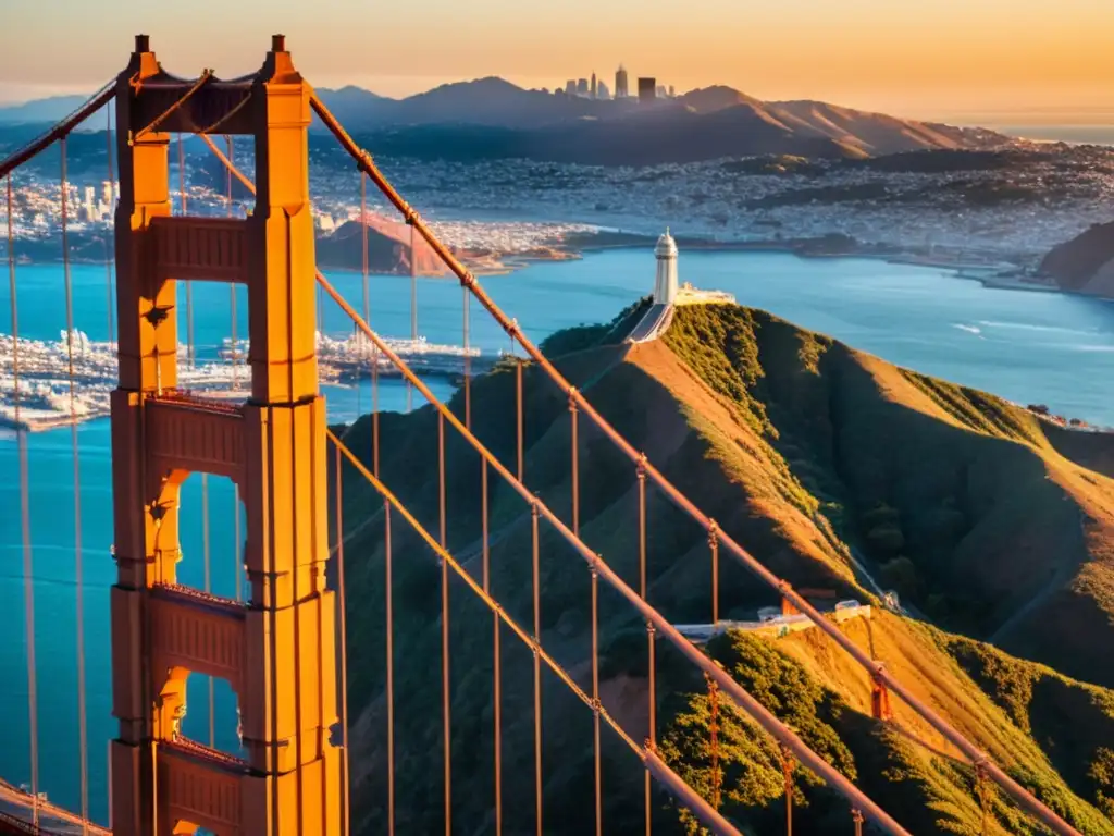 Puentes icónicos del mundo: El atardecer ilumina el Puente Golden Gate y la ciudad de San Francisco, creando una escena de belleza atemporal