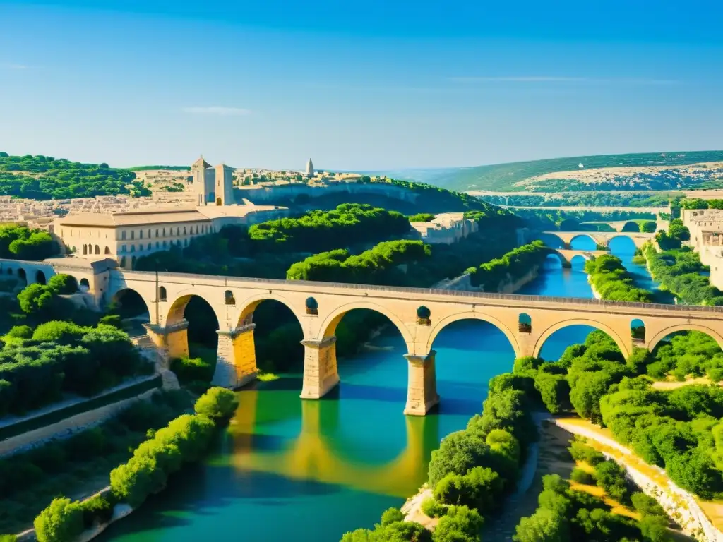 Puentes icónicos del mundo: contraste entre el antiguo acueducto romano Pont du Gard y un moderno puente colgante sobre un río vibrante
