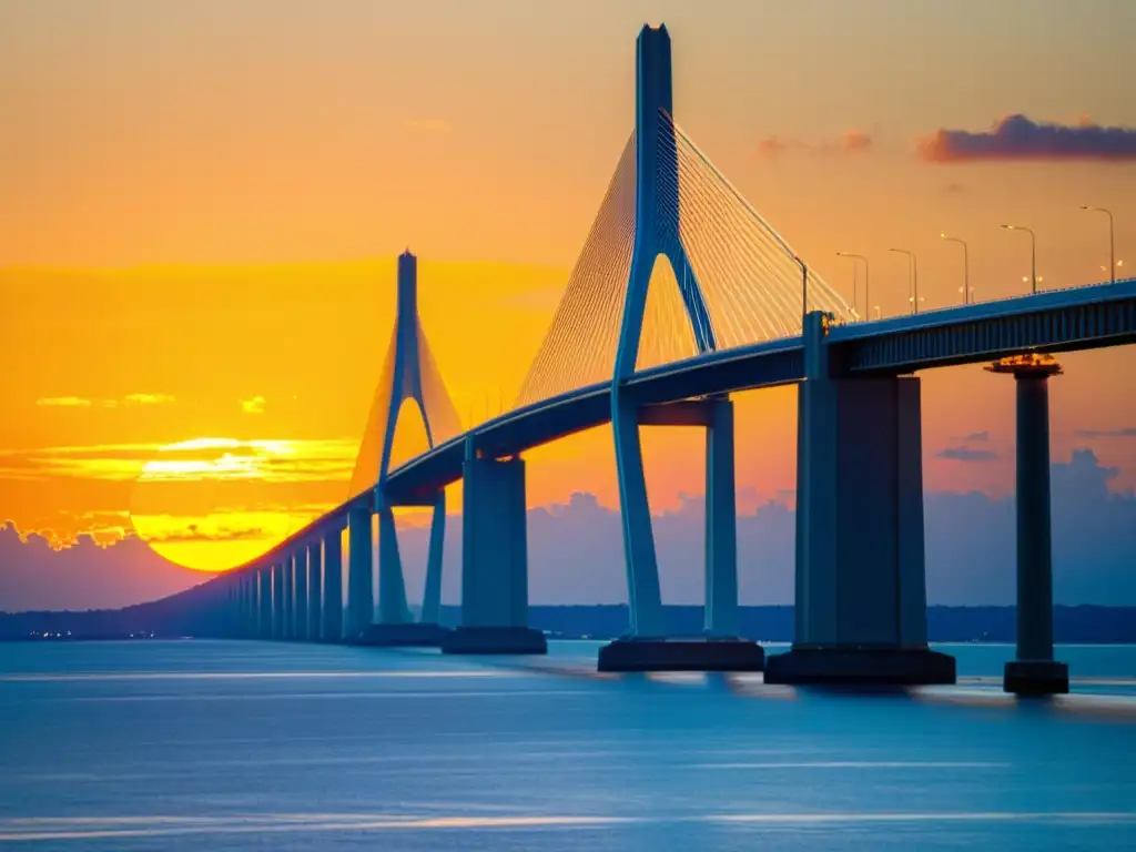 Puentes icónicos del mundo: Puente Sunshine Skyway en Florida, con su diseño de cables y una vibrante puesta de sol reflejada en el agua