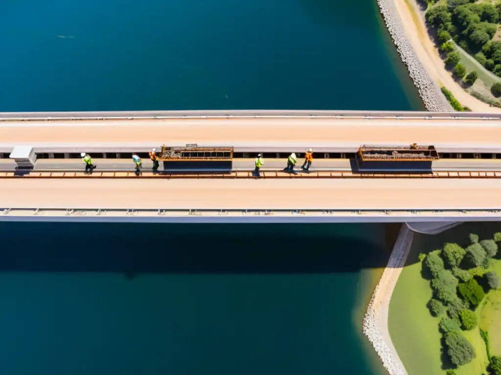 Ingeniería de puentes icónicos mundo: Equipo de ingenieros y trabajadores construyendo un imponente puente, mostrando su complejidad y precisión