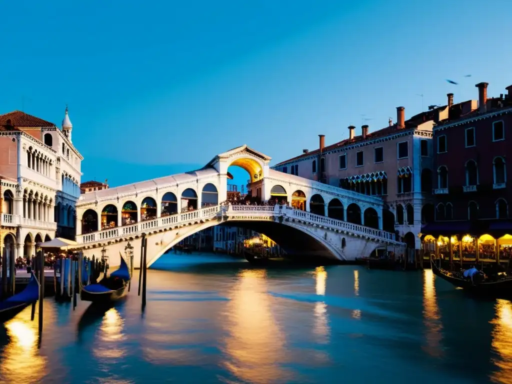 Puentes icónicos del mundo: La hora dorada ilumina el Puente de Rialto en Venecia, Italia, con sus sombras alargadas sobre el Gran Canal