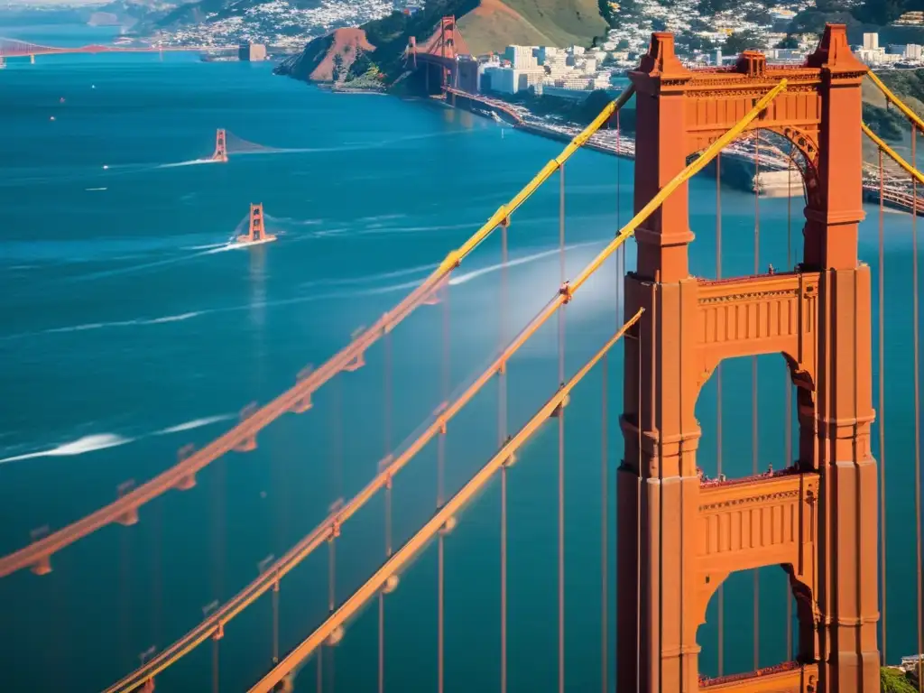 Aprender sobre puentes icónicos del mundo: Imagen documental de alta resolución que captura el diseño y la ingeniería del icónico Puente Golden Gate en San Francisco, resaltando sus detalles y juego de luces y sombras