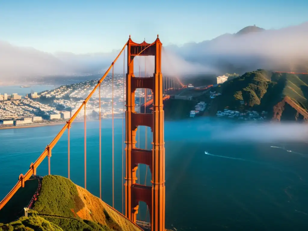 Puentes icónicos del mundo: Imagen impactante del Puente Golden Gate en San Francisco, destacando sus detalles y grandiosidad en medio de la neblina