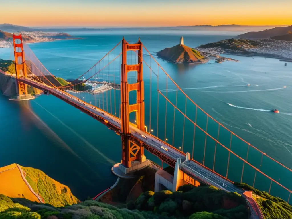 Puentes icónicos del mundo: Imagen impactante del Puente Golden Gate en San Francisco, con sus icónicas torres rojo-naranja destacándose en un atardecer dorado