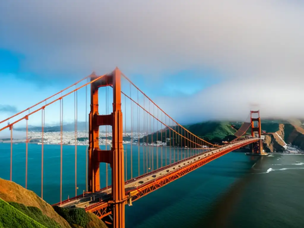 Puentes icónicos del mundo: Imagen impresionante del Puente Golden Gate en San Francisco, con su estructura rojo-anaranjada y la niebla envolvente