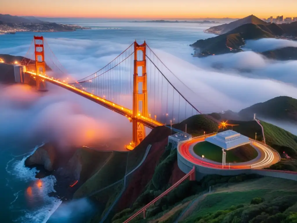 Puentes icónicos del mundo: imagen detallada del Puente Golden Gate al atardecer, envuelto en neblina y luz cálida