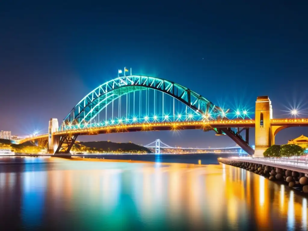 Puentes icónicos del mundo: impresionante ciudad nocturna con un puente famoso iluminado por luces de colores, reflejándose en aguas tranquilas