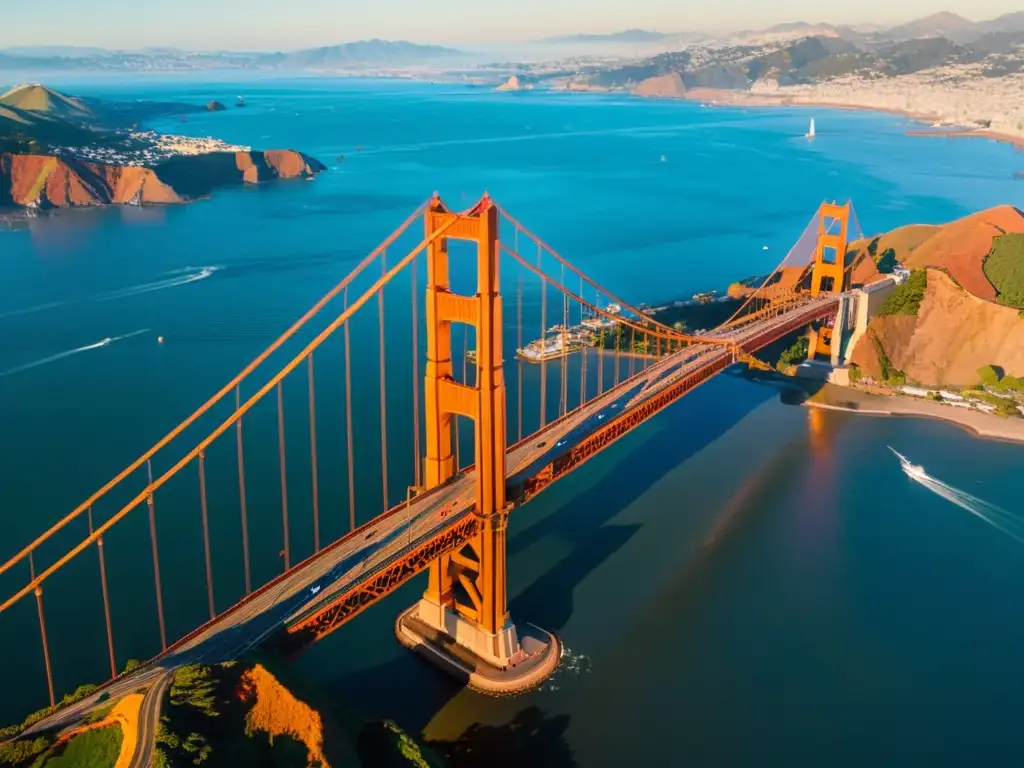 Puentes icónicos del mundo: Majestuoso atardecer sobre el Puente Golden Gate en San Francisco, con el sol reflejándose en las tranquilas aguas