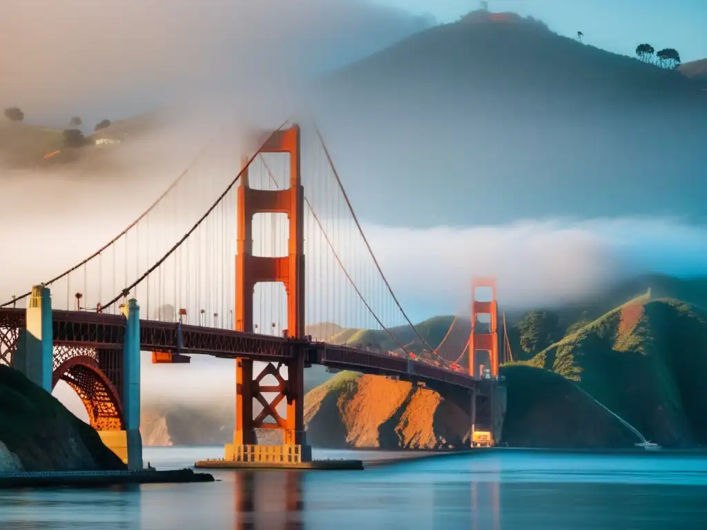 Puentes icónicos del mundo: El majestuoso puente Golden Gate emerge entre la neblina al amanecer, evocando asombro y belleza