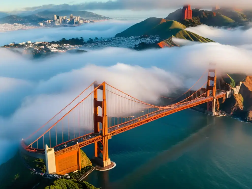 Puentes icónicos del mundo: El puente Golden Gate emerge majestuoso entre la niebla, con la ciudad de San Francisco de fondo y una atmósfera mística