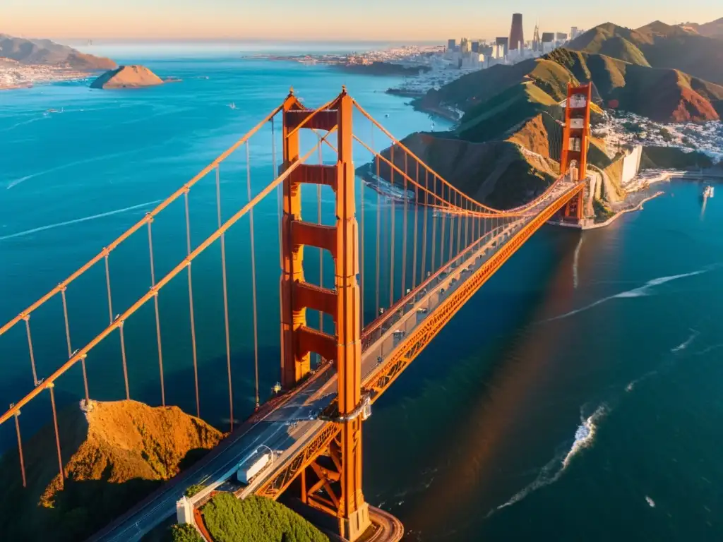 Puentes icónicos del mundo: El majestuoso puente Golden Gate en San Francisco, capturado en detalle durante un radiante atardecer