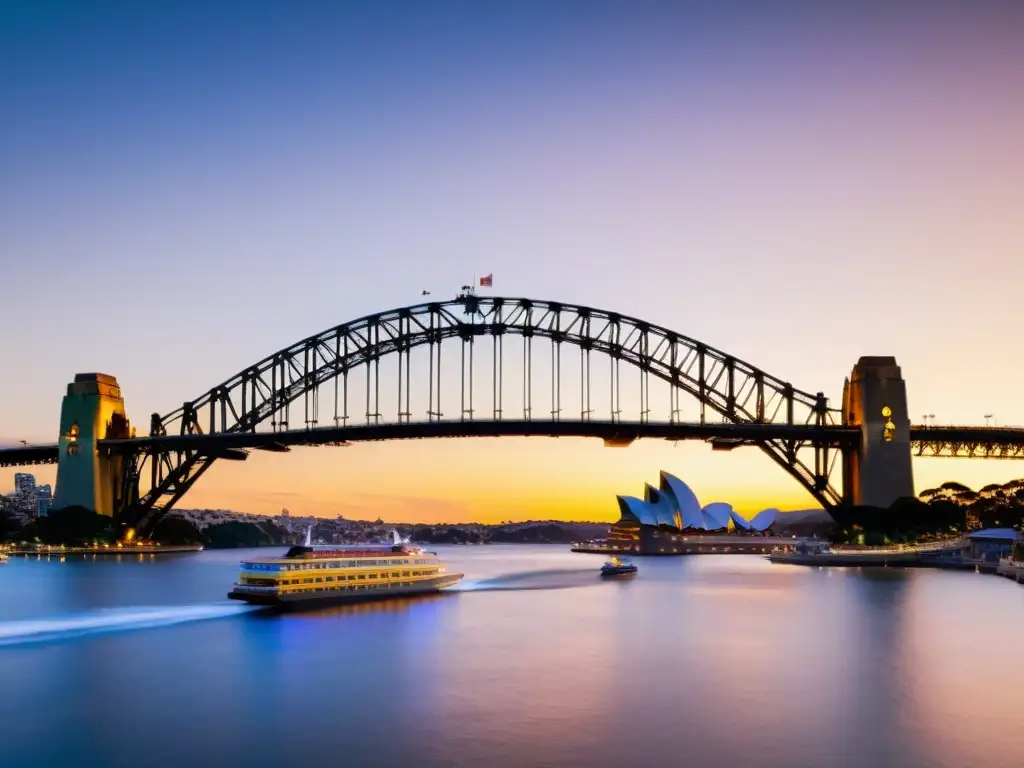 Puentes icónicos del mundo Oceanía: Una vista impresionante del Sydney Harbour Bridge al atardecer, reflejando su importancia cultural y conexión