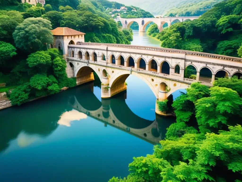 Ingeniería de puentes icónicos mundo: Puente histórico de piedra, arcos detallados y río tranquilo bajo el cálido sol