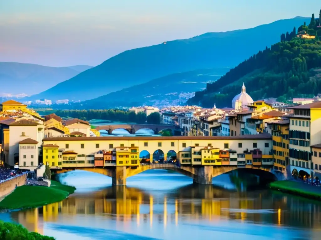 Puentes icónicos del mundo: Ponte Vecchio en Florencia, Italia, bañado por la cálido luz dorada, reflejando su arquitectura histórica en el río Arno