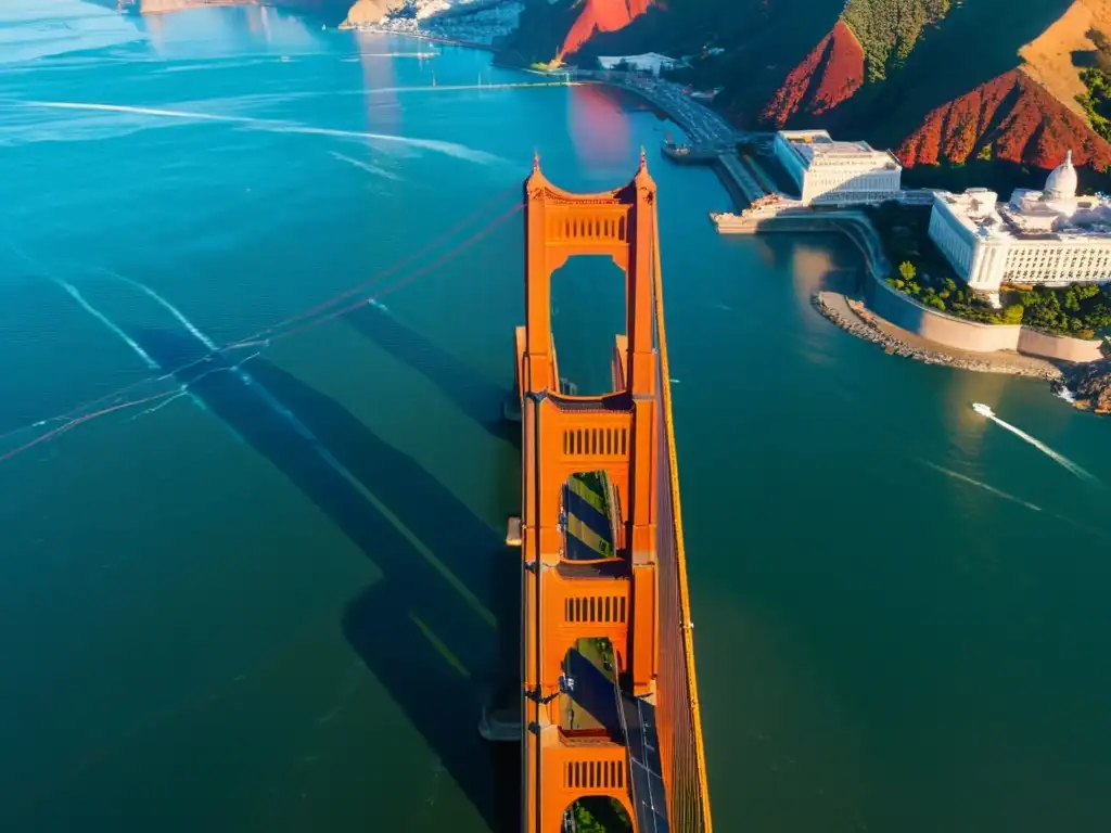 Puentes icónicos del mundo: el puente Golden Gate se destaca en San Francisco durante un vibrante atardecer, con su reflejo en la bahía