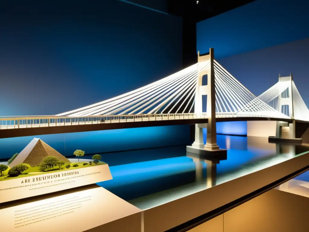 Exhibición de puentes icónicos en museo, resaltando impacto cultural con replicas detalladas y ambiente educativo