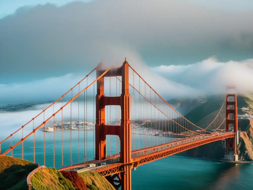 Fotografía de puentes icónicos: El puente Golden Gate emerge entre la niebla matutina, creando una atmósfera evocadora y cautivadora