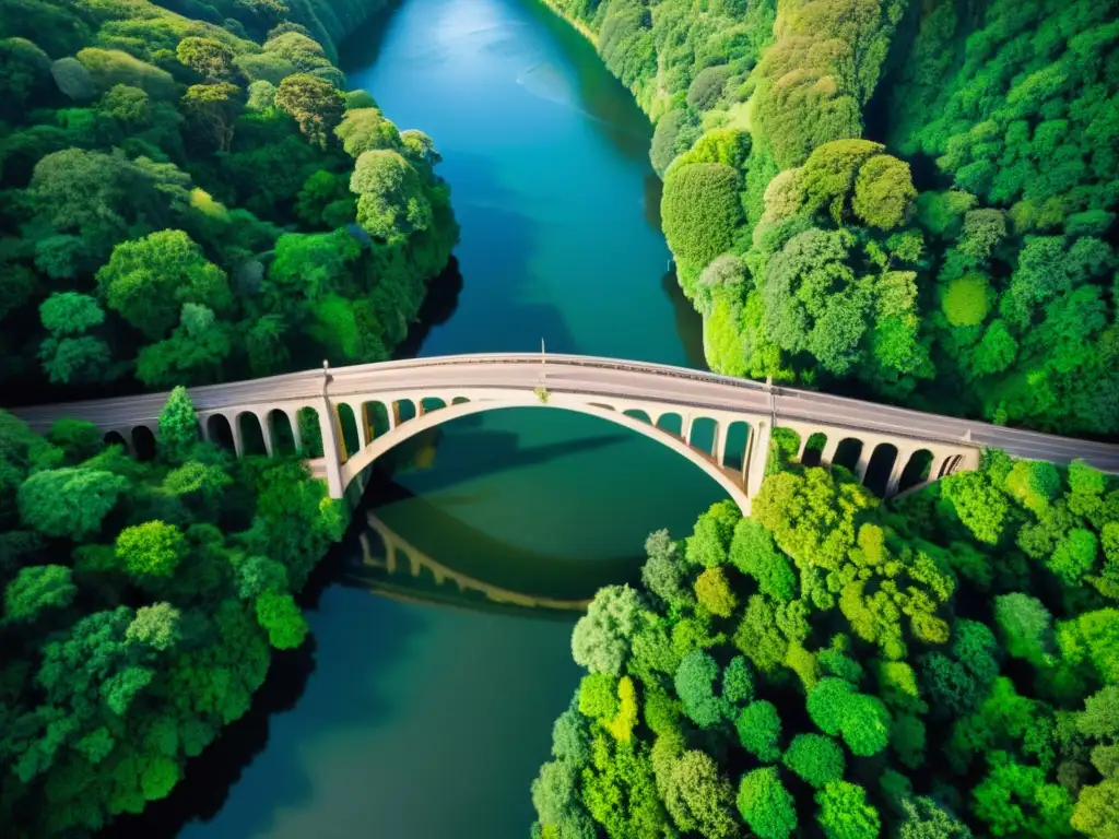 Puentes icónicos en películas: vista aérea de un majestuoso puente en un deslumbrante entorno natural con un toque de fantasía