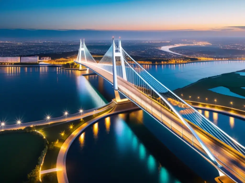 Puentes icónicos tecnología 5G: Fotografía aérea de un puente futurista iluminado por la ciudad