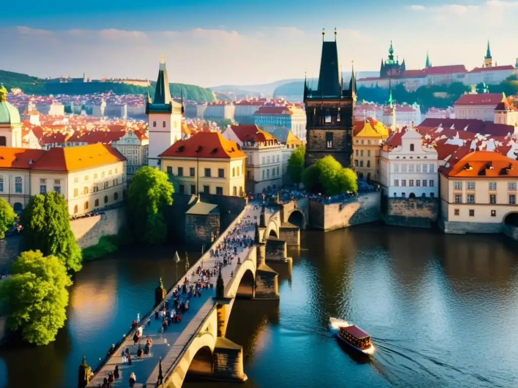 Puentes icónicos en Praga: el puente de Carlos sobre el río Vltava, rodeado de arquitectura histórica y cultural