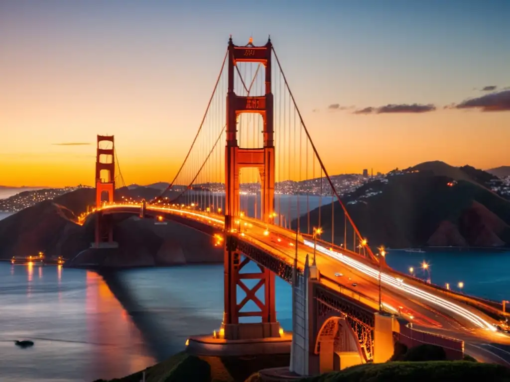 Puentes icónicos realidad aumentada: Vista única del atardecer en el Golden Gate Bridge, con la ciudad de San Francisco de fondo