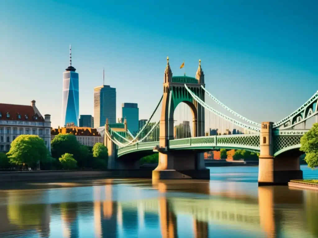 Puentes icónicos realidad aumentada: Majestuoso puente sobre río brillante y ciudad al fondo, destacando su arquitectura detallada