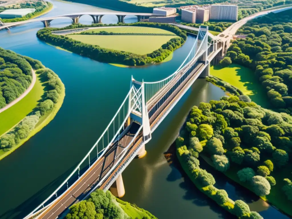 Puentes icónicos realidad aumentada: Majestuoso puente sobre río, con detalles de su construcción y paisaje verde