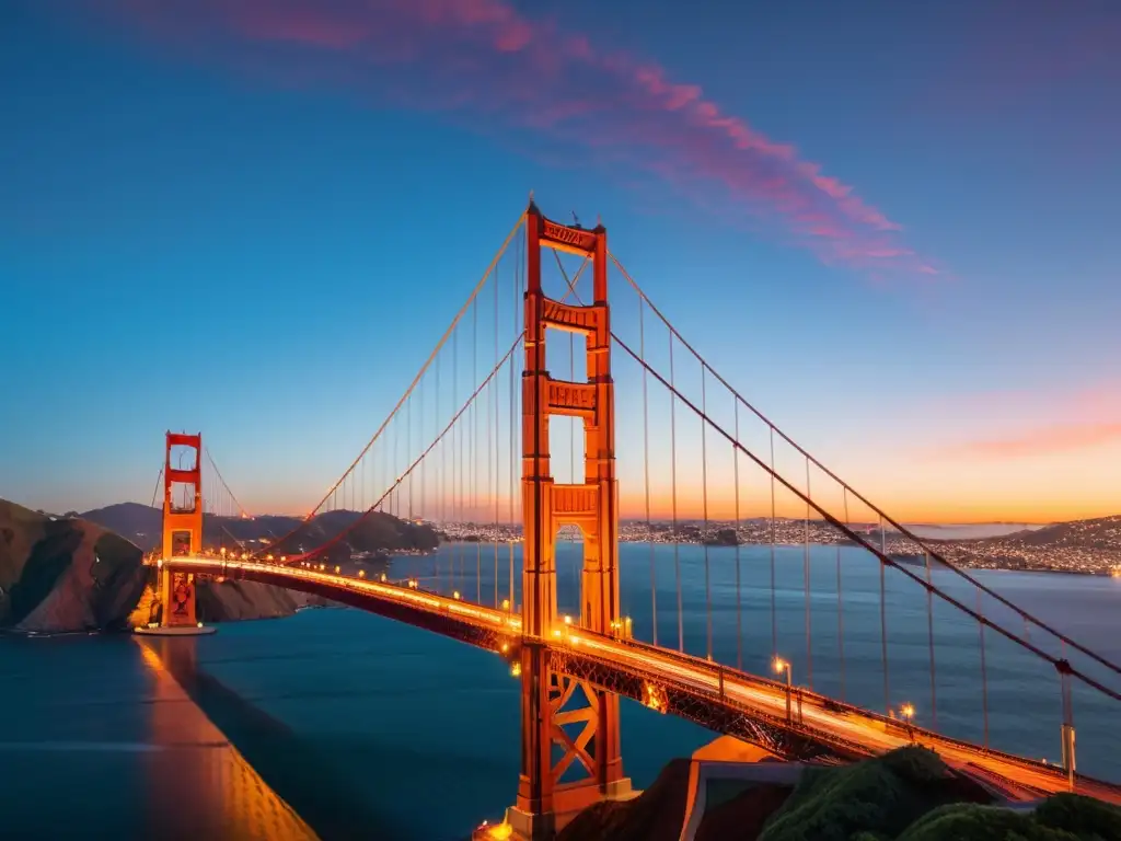 Puentes icónicos realidad aumentada: Fotografía detallada del Puente Golden Gate al atardecer, resaltando sus torres rojo-naranja