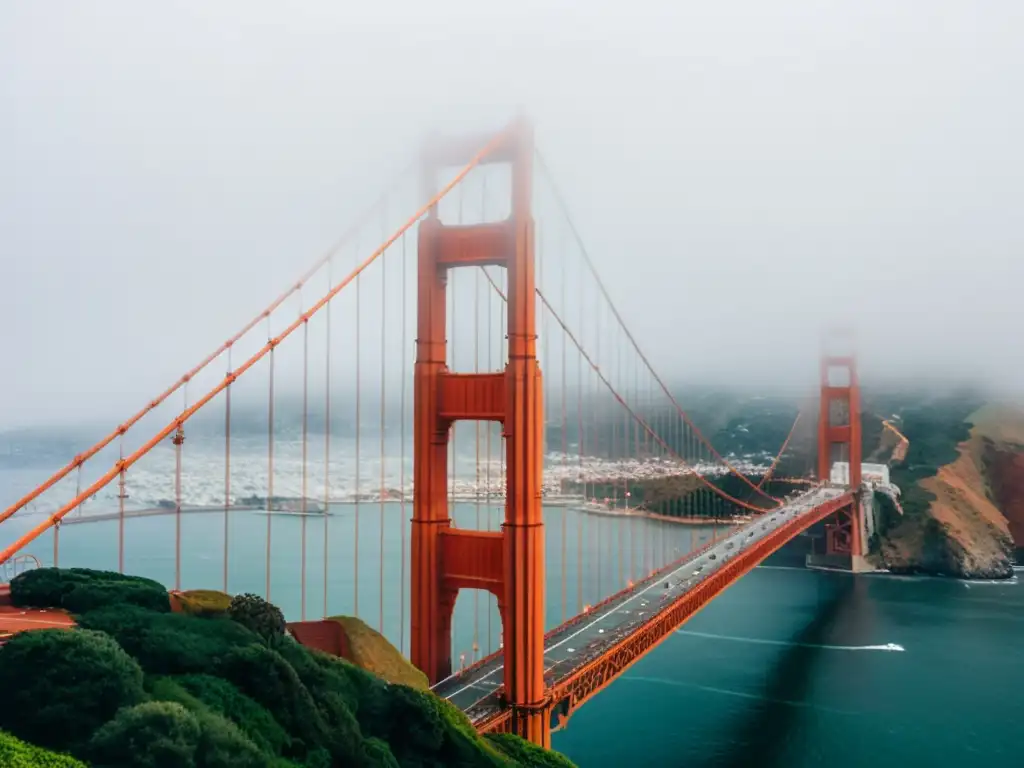 Puentes icónicos realidad aumentada: Vista impresionante del Puente Golden Gate entre la niebla, evocando su grandeza atemporal