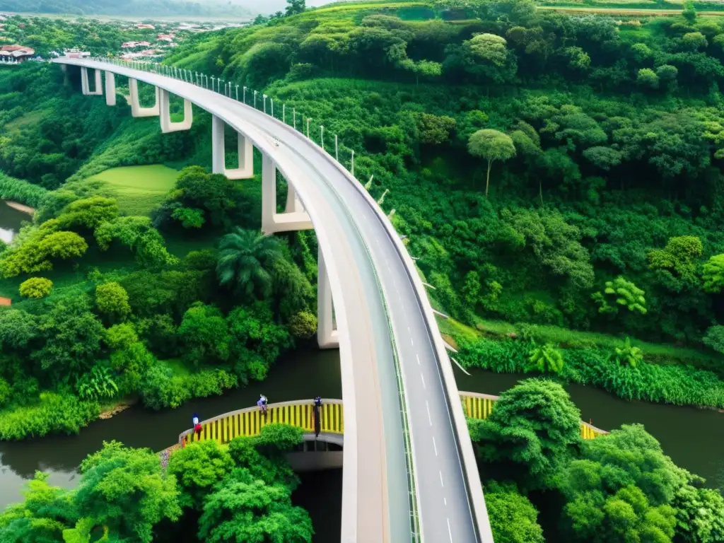 Puentes icónicos sostenibles comunidades locales: Puente sostenible sobre un río, con actividades culturales y naturaleza exuberante