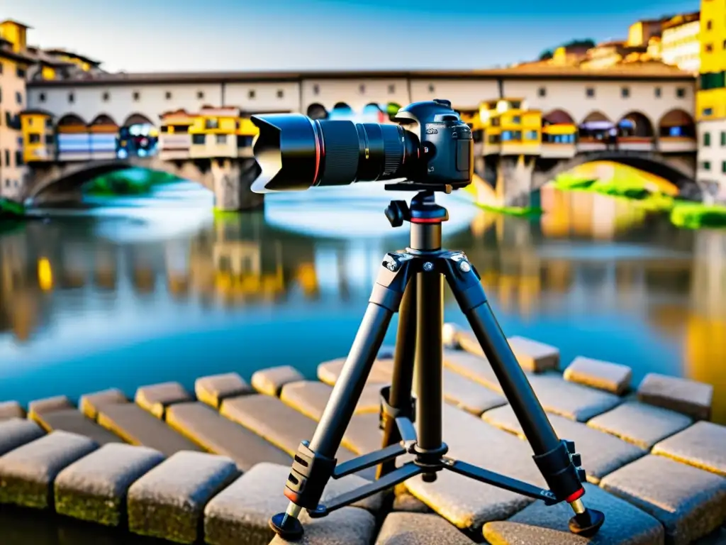 Fotografiar puentes icónicos desde trípodes: Una cálida noche en el Puente Vecchio, con trípode de fibra de carbono y cámara DSLR capturando la escena