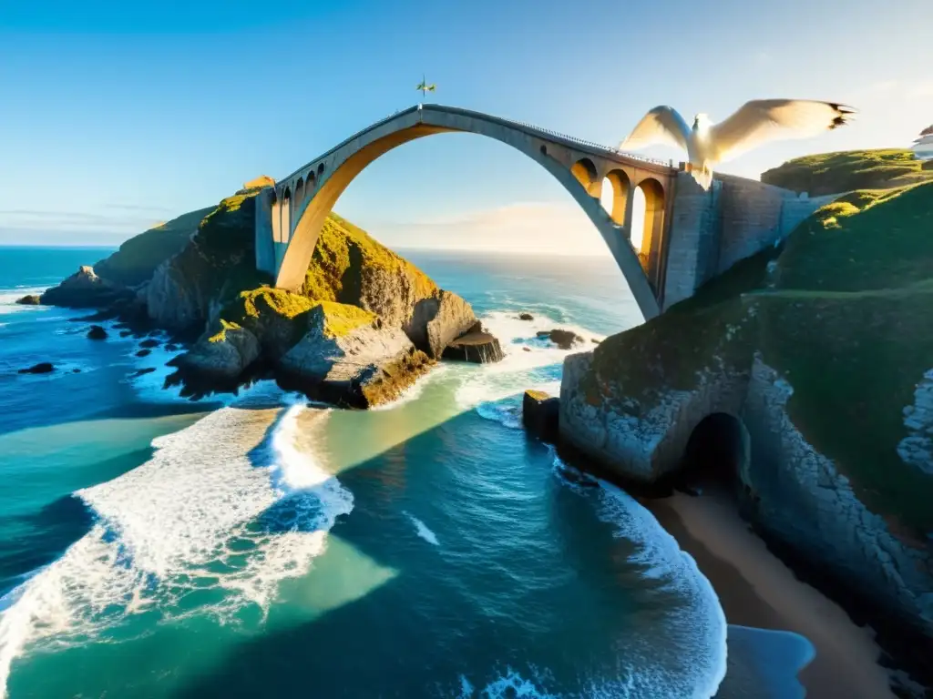 Puentes icónicos con vistas marítimas: majestuoso puente arqueado sobre el océano azul, costa rocosa y gaviotas en vuelo