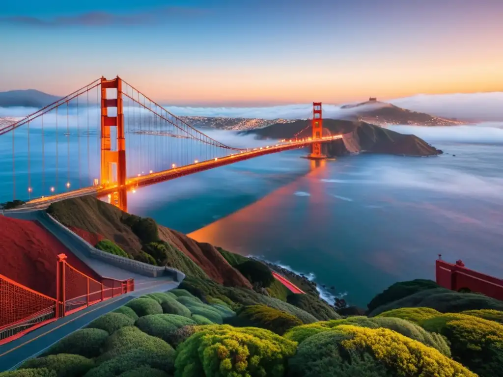 Puentes icónicos con vistas marítimas: el emblemático puente Golden Gate se alza majestuoso sobre la bahía de San Francisco en un atardecer neblinoso