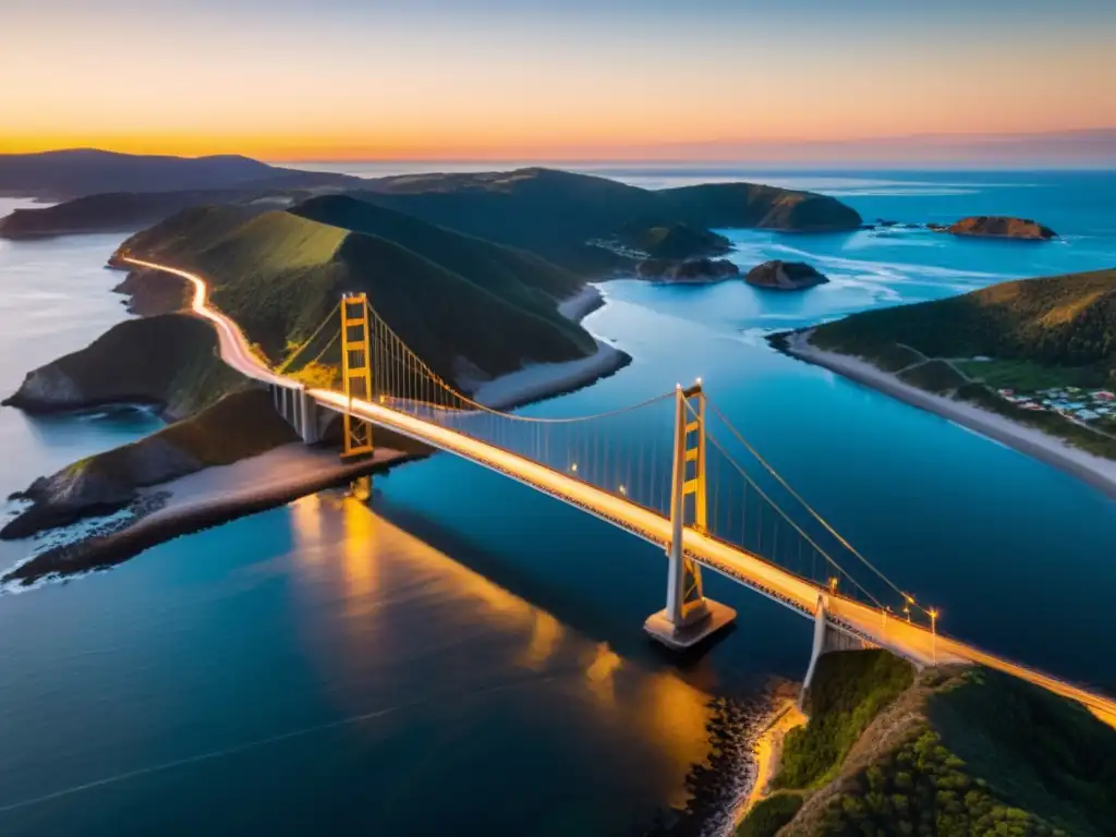 Puentes icónicos en zonas costeras: Puente moderno en la costa con luz dorada del atardecer y paisaje impresionante