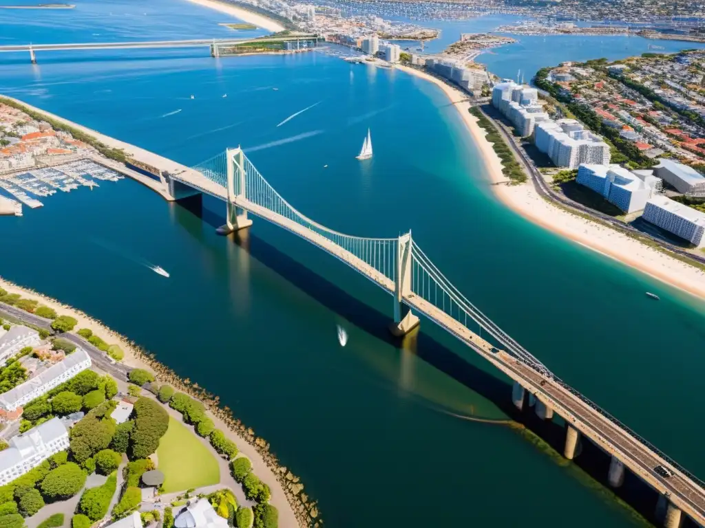 Puentes icónicos en zonas costeras: vista aérea de una ciudad costera con impresionantes puentes que conectan lo urbano con lo natural