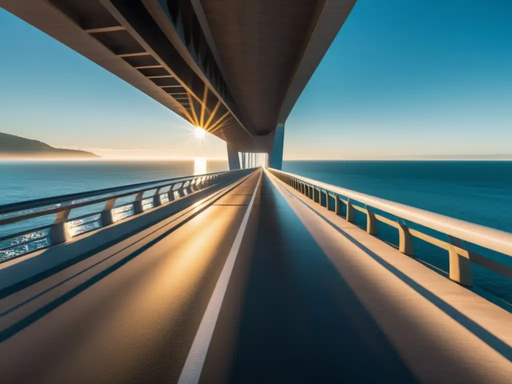 Puentes icónicos en zonas costeras: Un puente costero moderno y elegante se eleva sobre el resplandeciente mar, resaltando su grandiosidad y belleza