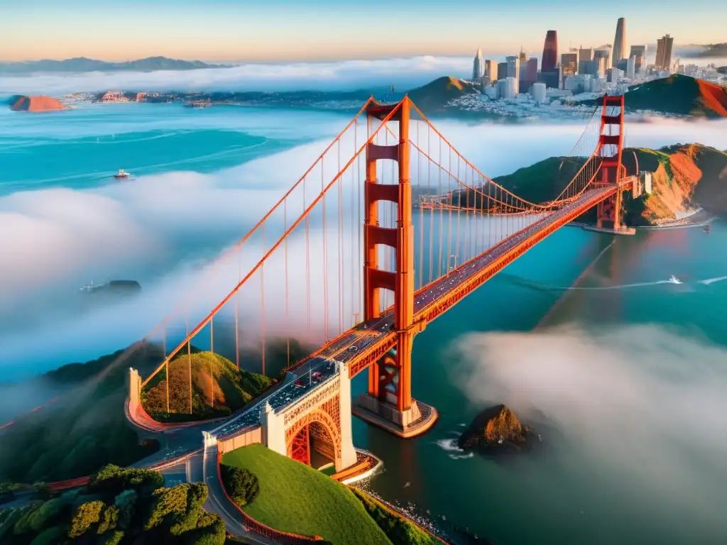 Puentes icónicos en zonas costeras: el puente Golden Gate emerge entre la niebla, fusionando la ingeniería con la belleza natural de San Francisco