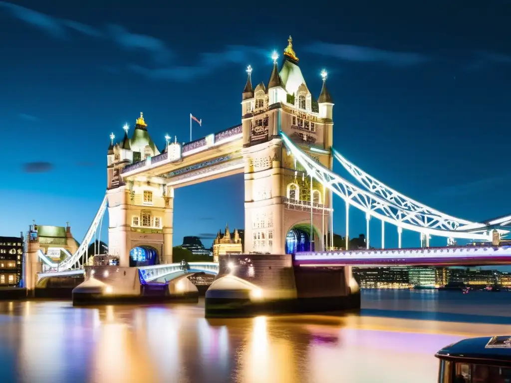 Puentes iluminados mundo: Majestuoso puente Tower Bridge de Londres, con luces vibrantes reflejadas en el agua y el bullicio de la ciudad