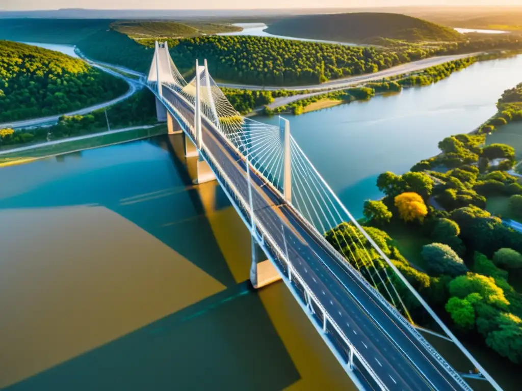 Puentes impresionantes realidad aumentada: vista aérea de un moderno puente sobre un río al atardecer, con un cálido resplandor dorado