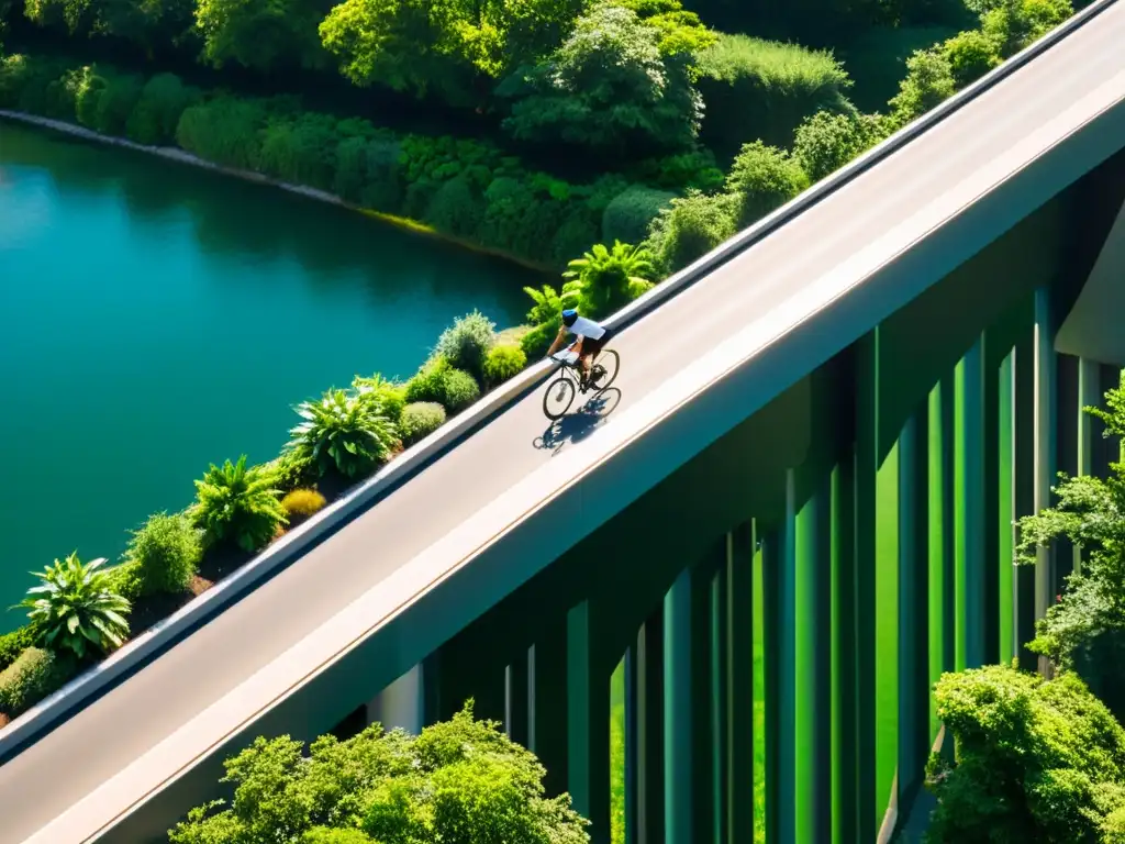 Puentes con integración de espacios verdes: moderno puente urbano rodeado de exuberante vegetación y luz solar filtrada