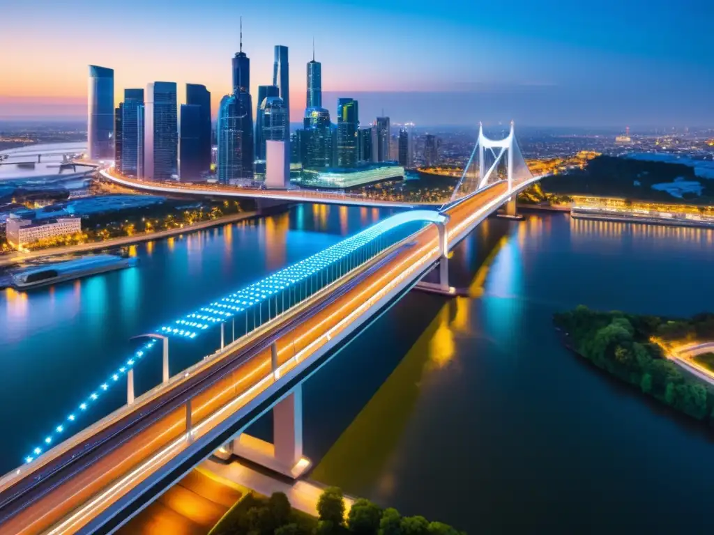 Puentes inteligentes impacto urbano: Puente futurista iluminado por luces LED en una ciudad moderna de noche