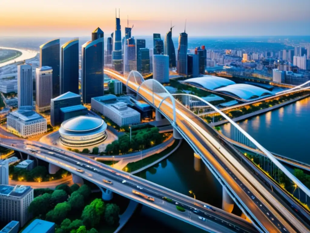 Puentes inteligentes impacto vida urbana: Red de puentes conectando la bulliciosa ciudad, reflejando la vida urbana dinámica e interconectada