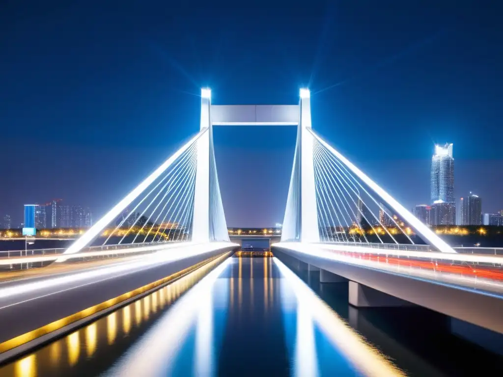 Puentes inteligentes seguridad nocturna: Puente moderno iluminado destaca en el horizonte urbano nocturno