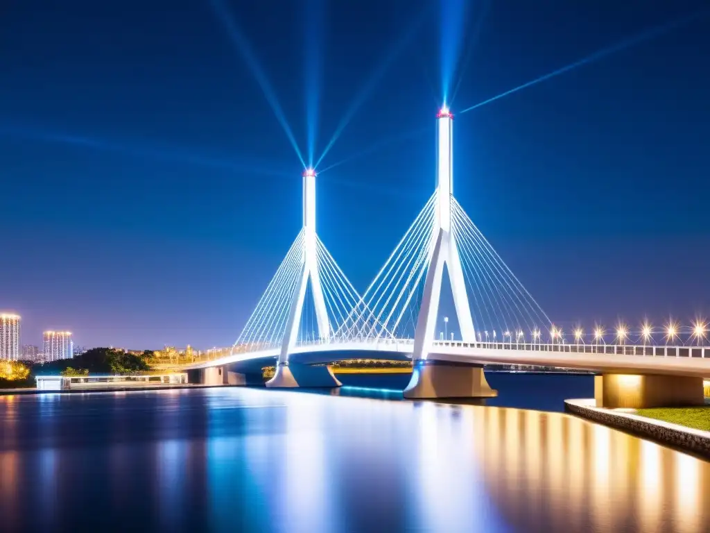 Puentes inteligentes seguridad nocturna: Puente moderno iluminado de noche, con cámaras de vigilancia, sensores y sistemas de iluminación inteligentes