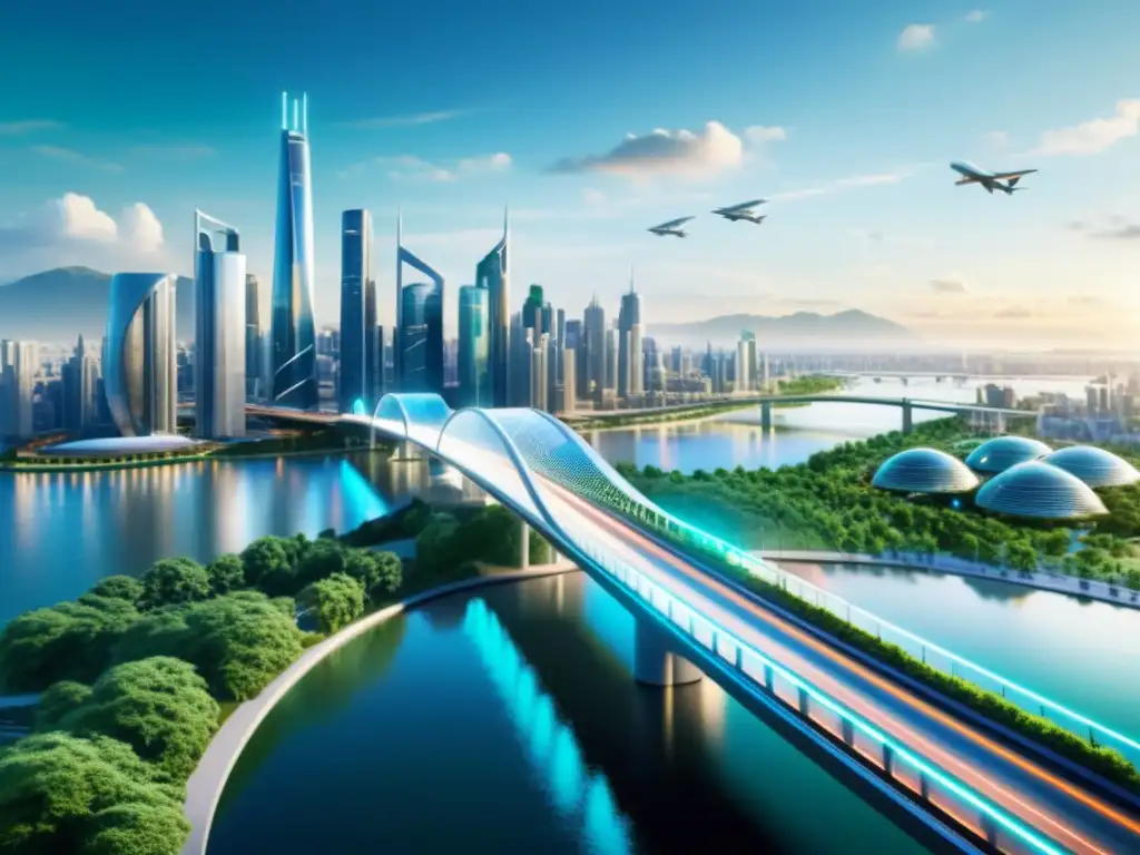 Puentes inteligentes y tecnología en urbanización sostenible' - Imagen de una ciudad futurista con puentes tecnológicos y paisaje urbano sostenible