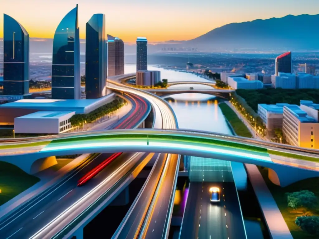 Puentes inteligentes en una urbe sostenible, con diseño futurista, tecnología avanzada y flujo de tráfico eficiente, integrados en el paisaje urbano