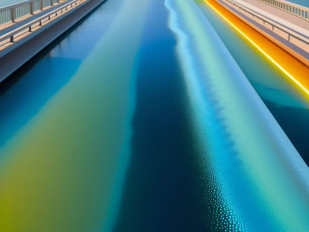 Puentes con materiales termocrómicos: Detalle visual de un puente moderno con pigmentos cambiantes de color, efecto hipnótico bajo la luz solar