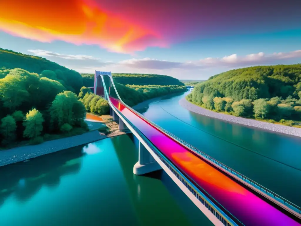 Puentes con materiales termocrómicos: Fotografía de un puente futurista que cambia de color con la temperatura, reflejando el potencial revolucionario de estos materiales en la construcción de puentes